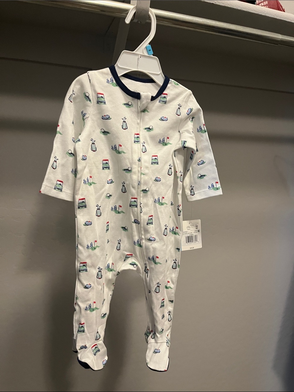 White Baby One-Piece with Navy Trim and Playful Golf Prints